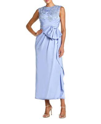 Sleeveless Satin Beaded Ankle Dress with Bow by MAC DUGGAL