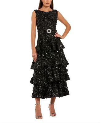 Sleeveless Sequin Ruffle Midi Dress with Belt by MAC DUGGAL