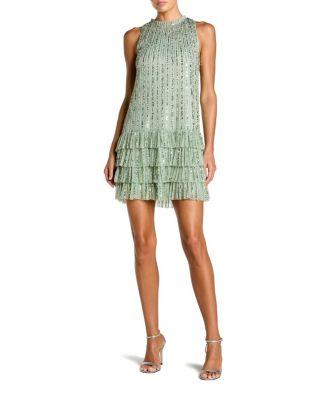Sleeveless Striped Sequin Tiered Ruffle Mini Dress by MAC DUGGAL