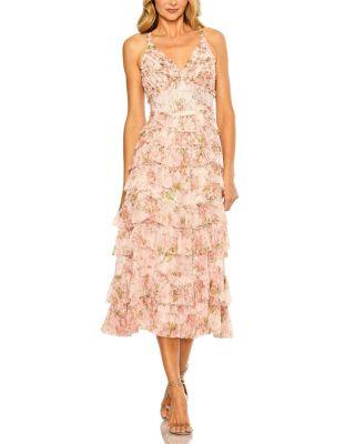 Sleeveless V Neck Floral Mesh Ruffle Midi Dress by MAC DUGGAL