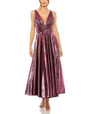 Sleeveless V Neck Pleated Top Metallic Dress by MAC DUGGAL
