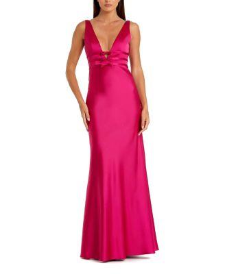 Sleeveless V Neck Satin Gown with Bow Details by MAC DUGGAL