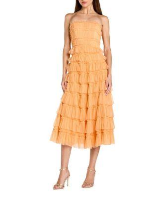Solid Mesh Dot Micro Ruffle Strapless Midi Dress by MAC DUGGAL