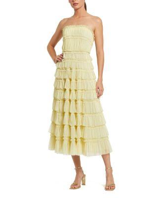 Solid Mesh Dot Micro Ruffle Strapless Midi Dress by MAC DUGGAL