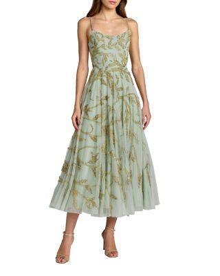 Spaghetti Strap Floral Hand Beaded Midi Dress by MAC DUGGAL