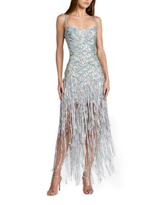 Spaghetti Strap Sequin Fringe Mesh Gown by MAC DUGGAL