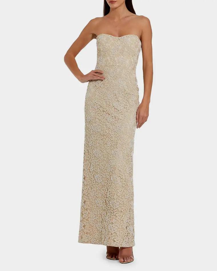 Strapless Beaded Lace Column Gown by MAC DUGGAL