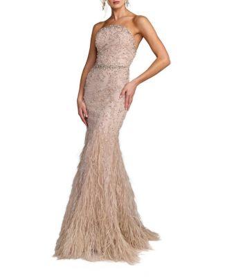 Strapless Beaded Net Trumpet Gown with Feathers by MAC DUGGAL