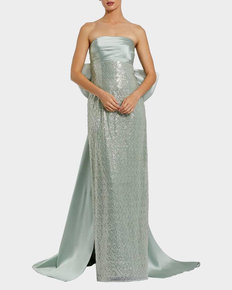Strapless Bow-Back Sequin Column Gown by MAC DUGGAL