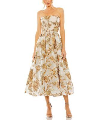 Strapless Brocade Pockets Detail Midi Dress by MAC DUGGAL