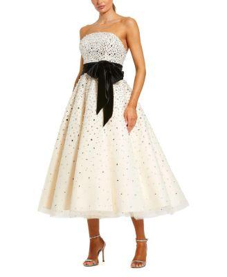 Strapless Embellished Tulle A-Line Midi Dress with Bow by MAC DUGGAL