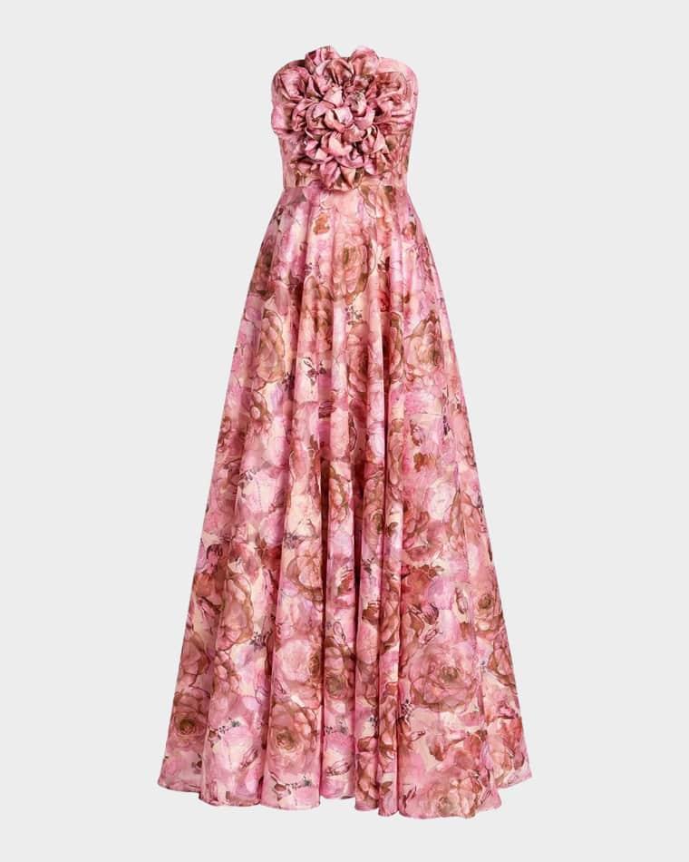 Strapless Floral A-Line Gown w/ 3D Flower by MAC DUGGAL