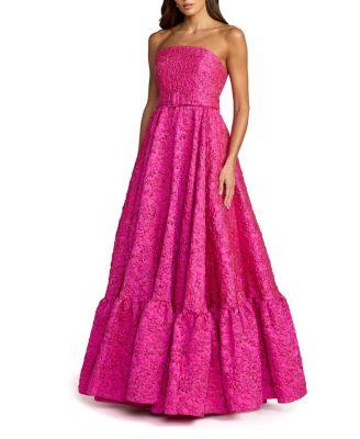 Strapless Floral Brocade Ruffle Hem Gown with Belt by MAC DUGGAL