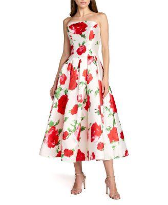 Strapless Floral Printed A Line Midi Dress by MAC DUGGAL