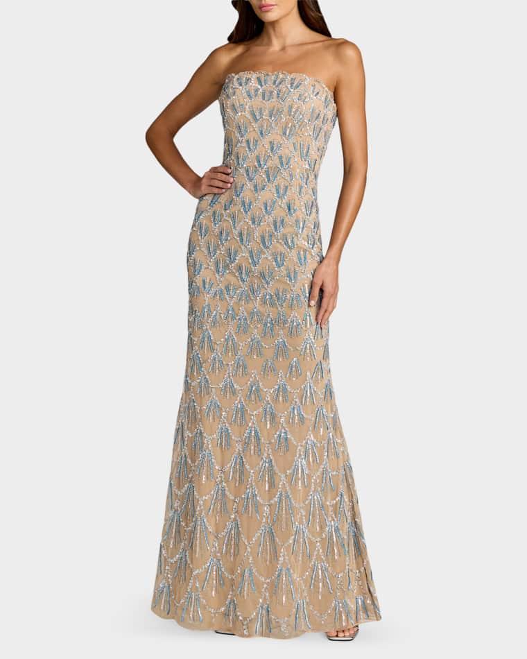 Strapless Hand-Beaded Mesh Trumpet Gown by MAC DUGGAL