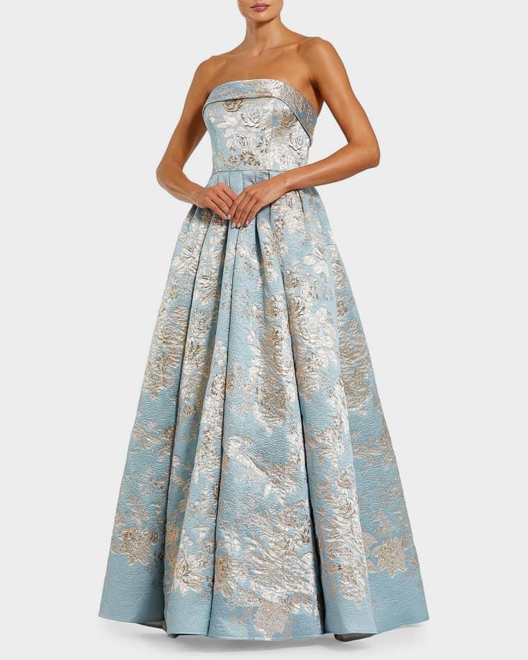 Strapless Pleated Floral Brocade Gown by MAC DUGGAL