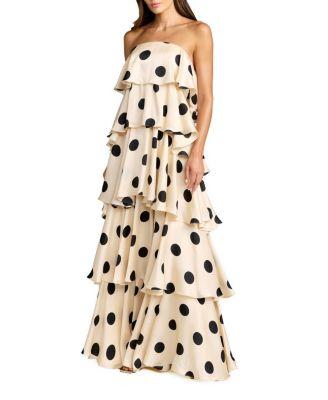 Strapless Polka Dot Charmeuse Ruffle Gown by MAC DUGGAL
