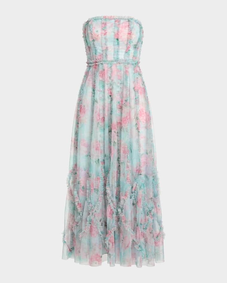 Strapless Ruffle-Trim Floral Mesh Midi Dress by MAC DUGGAL