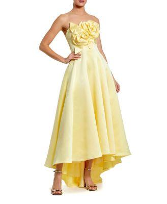 Strapless Satin High Low Gown with 3D Flowers by MAC DUGGAL