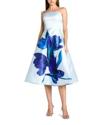 Strapless Satin Midi Dress with Flower Print by MAC DUGGAL