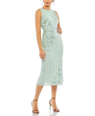 Striped Floral Embellished Sleeveless Midi Dress by MAC DUGGAL