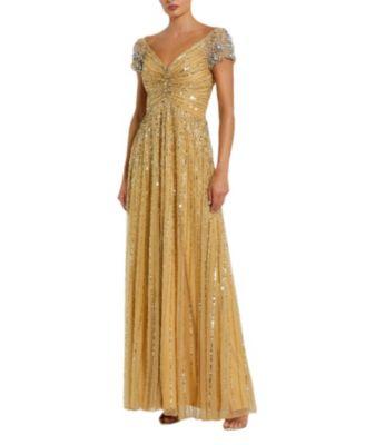 Striped Sequin Mesh Gown with Beaded Shoulders by MAC DUGGAL