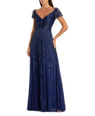 Striped Sequin Mesh Gown with Beaded Shoulders by MAC DUGGAL