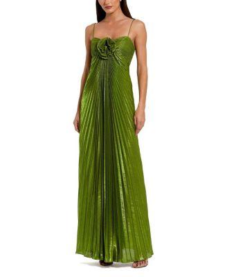 Thin Strap Pleated Metallic Gown with 3D Flower by MAC DUGGAL