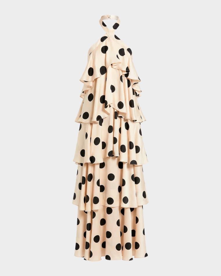 Tiered Polka Dot Charmeuse Halter Gown by MAC DUGGAL