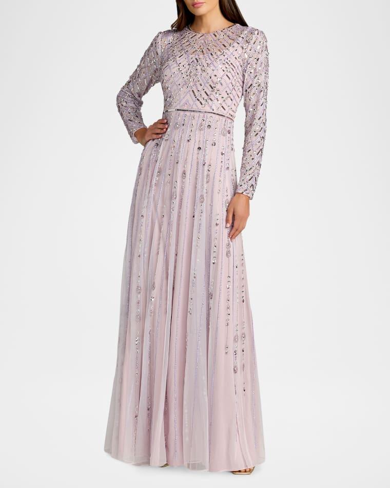 Tulle Beaded Long-Sleeve A-Line Gown by MAC DUGGAL