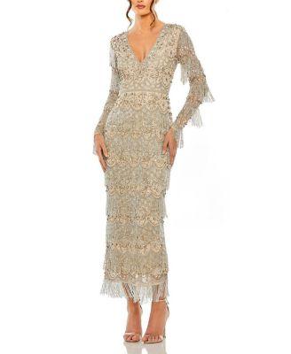 V Neck Beaded Fringe Embellished Dress by MAC DUGGAL