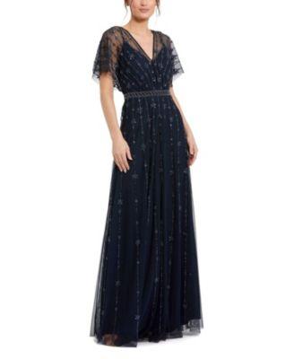 V Neck Embellished Flutter Sleeve A Line Gown by MAC DUGGAL