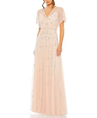 V Neck Embellished Flutter Sleeve A Line Gown by MAC DUGGAL