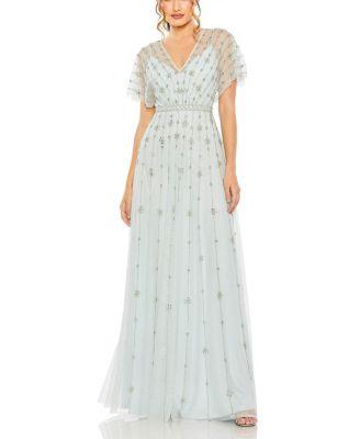 V Neck Embellished Flutter Sleeve A Line Gown by MAC DUGGAL