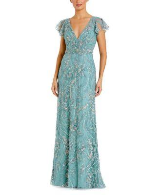V-Neck Flutter Sleeve Floral Embroidered Gown by MAC DUGGAL