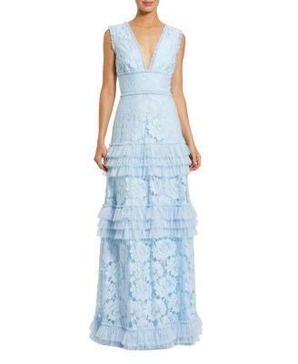 V Neck Lace Tiered Ruffle Gown by MAC DUGGAL