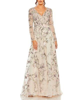 V Neck Long Sleeve Embroidered Gown by MAC DUGGAL