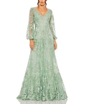 V Neck Puff Sleeve A Line Embroidered Gown by MAC DUGGAL