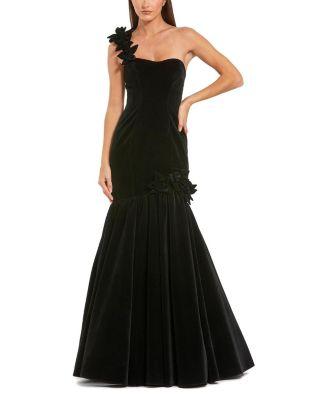 Velvet One Shoulder Trumpet Gown With Flowers by MAC DUGGAL