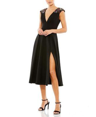 Women's Beaded Cap Sleeve A Line Midi Dress by MAC DUGGAL