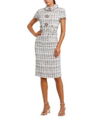 Women's Fitted Boucle Short Sleeve Button Up Midi Dress by MAC DUGGAL
