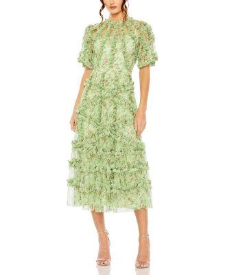 Women's Floral Flutter Sleeve Mesh Print Dress by MAC DUGGAL
