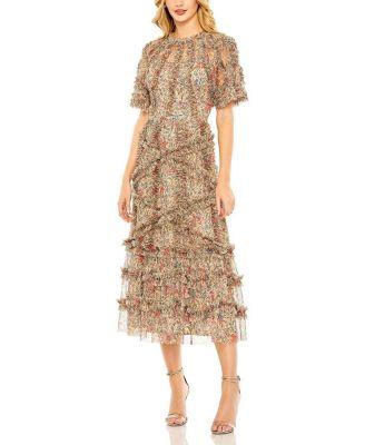 Women's Floral Flutter Sleeve Mesh Print Dress by MAC DUGGAL