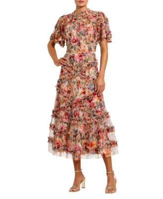 Women's Floral Flutter Sleeve Mesh Print Dress by MAC DUGGAL