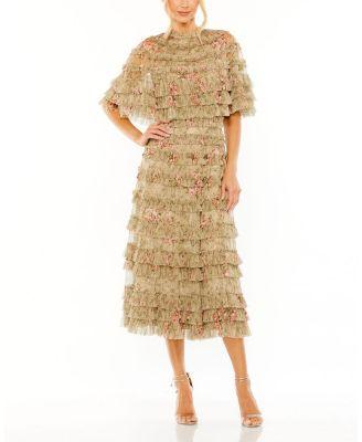 Women's Floral Ruffle Midi Dress With Cape by MAC DUGGAL