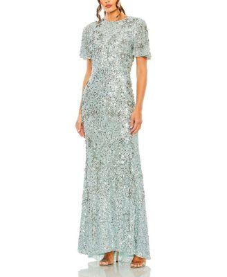 Women's Flutter Sleeve Sequin High Neck Dress by MAC DUGGAL