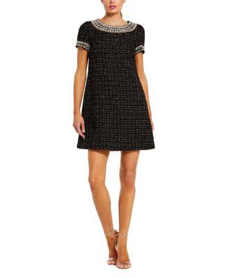 Women's Short Sleeve Boucle Mini Dress With Beading Detail by MAC DUGGAL