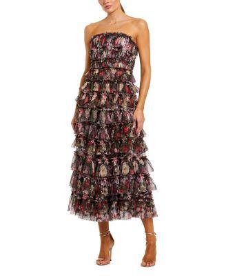 Women's Strapless Micro Ruffle A Line Midi Dress by MAC DUGGAL