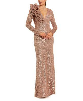 Women's V-Neck Sequin Evening Gown with 3D Floral Applique by MAC DUGGAL