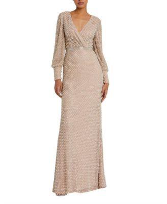 Wrap Over Bishop Sleeve Pearl Beaded Gown by MAC DUGGAL